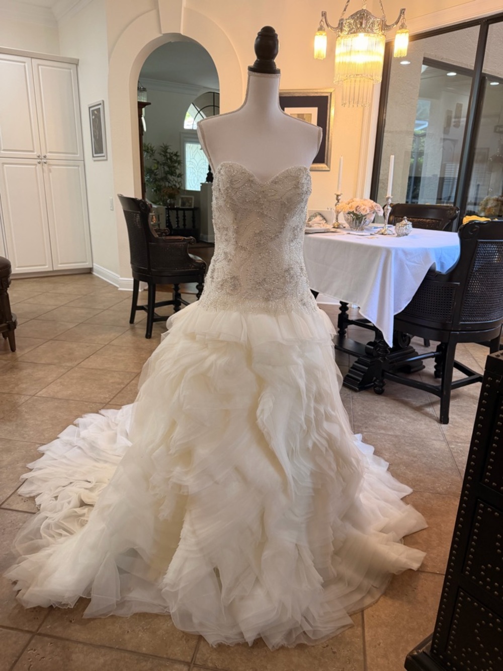Strapless Ivory Ruffled Maxi Dress with Beaded Bodice
